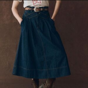 THE GREAT. Dark Navy A-Line Denim Midi Skirt